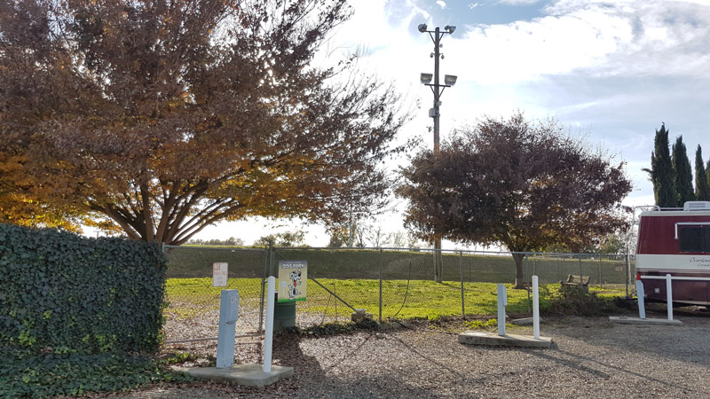 The fenced-in dog park at Cal Expo RV Park