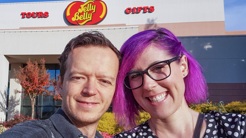 Leanne and Kevin in front of the Jelly Belly factory in California