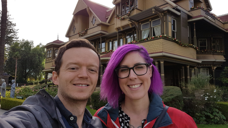 Leanne and Kevin in San Jose in front of the Winchester House