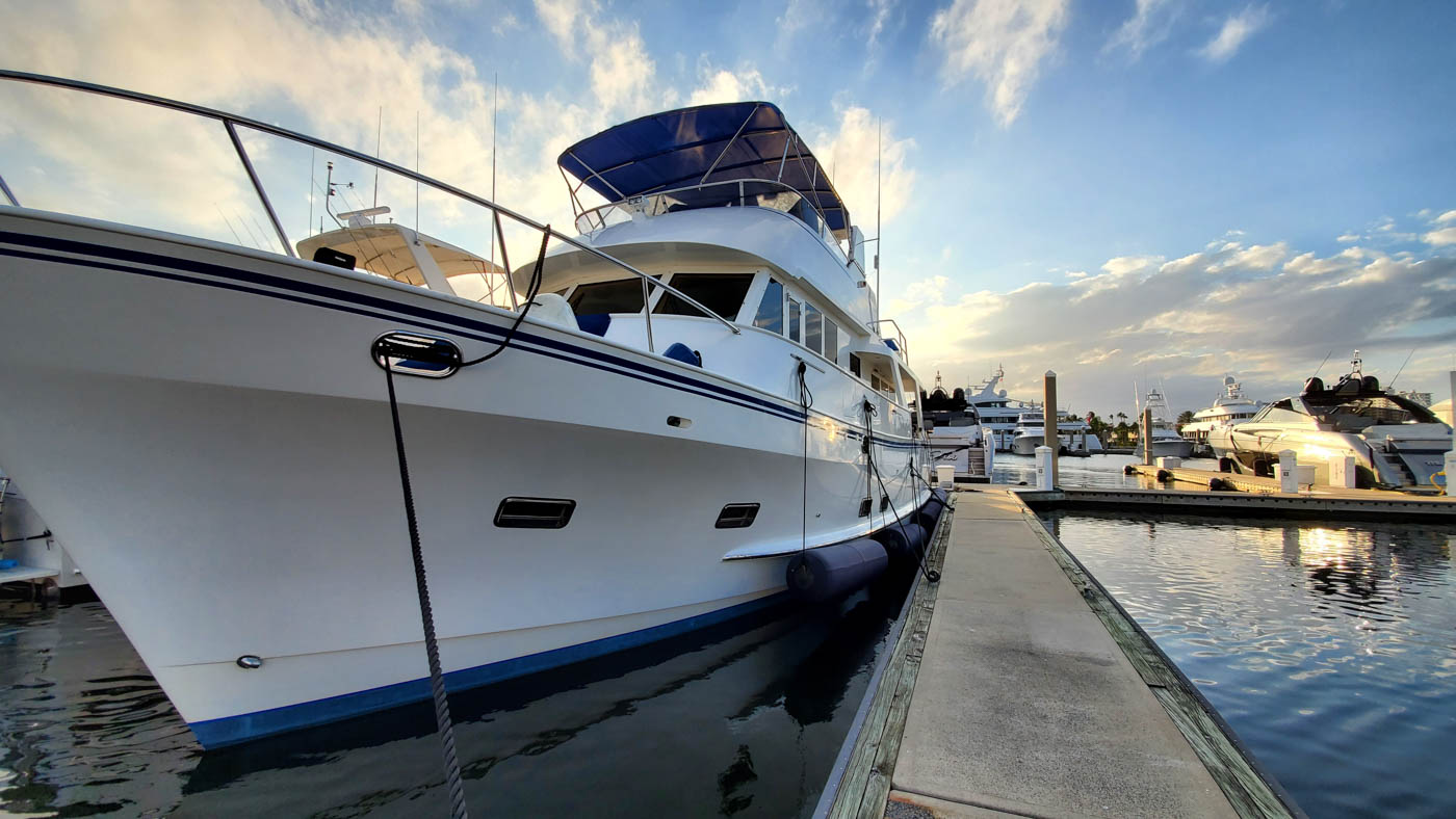 Trawler Patience moored at a marina