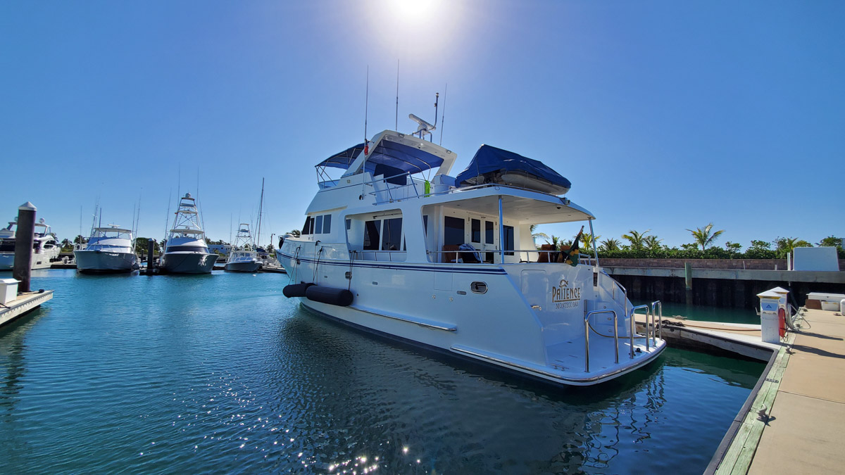 Trawler yacht in marina